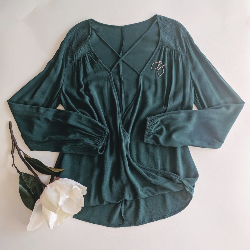 Evergreen Embroidered X Neck Peasant Top Katie K